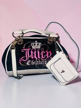 NWT Juicy Couture Dreamy Liquorice Black Velour Bowler Bag Satchel Pouch Charm